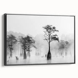 Black and white vintage poster art of Louisiana landscape on framed canvas, suitable for bedroom decor.