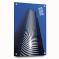 Acrylic print of Seattle skyline in muted blue and gray tones, ideal for modern bedroom ambiance.