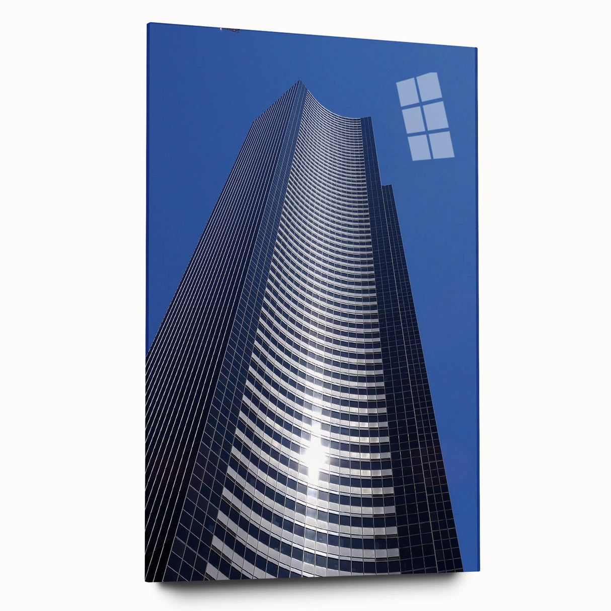 Acrylic print of a large abstract depiction of the Seattle skyline in cool blue and gray tones.