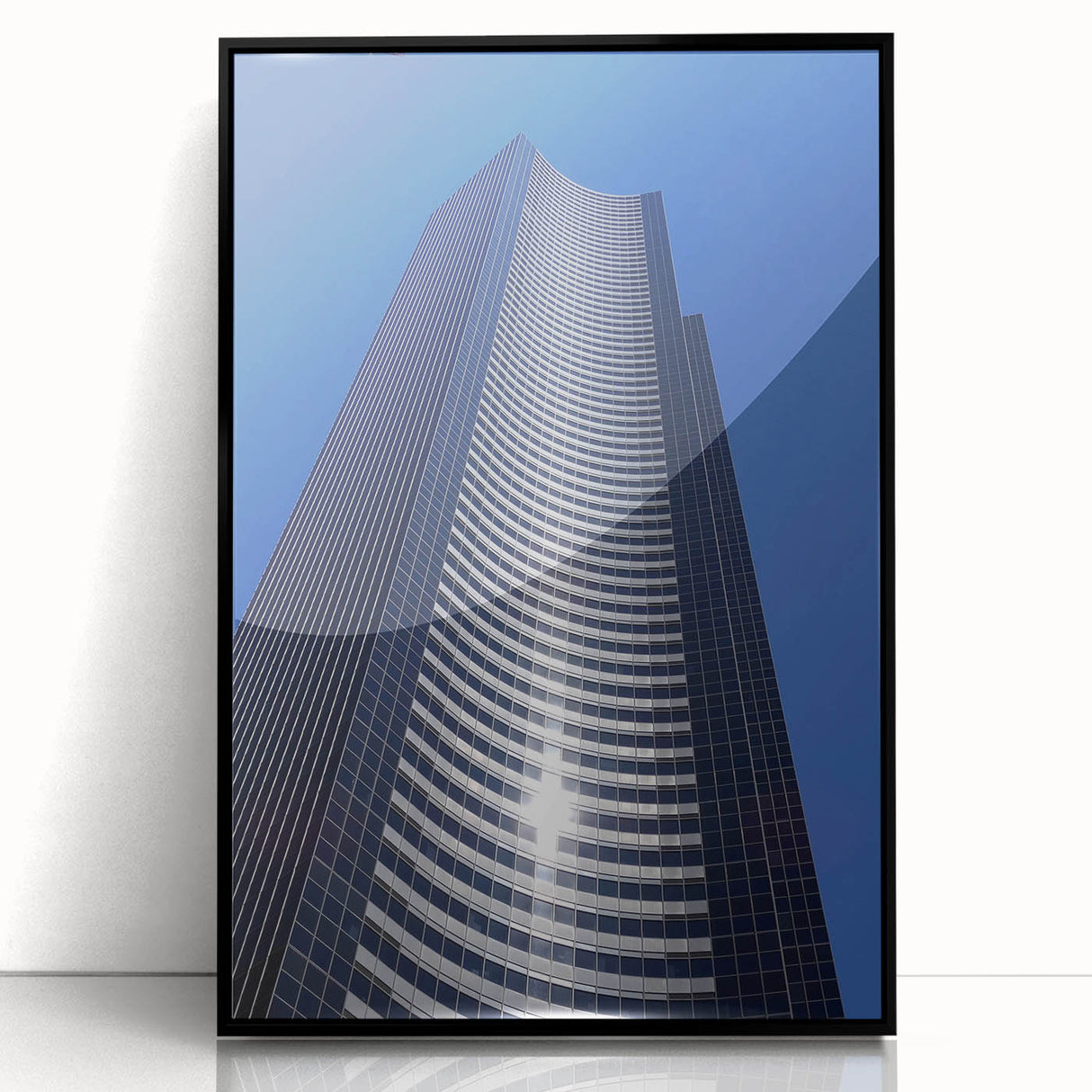 Large abstract wall art of Seattle skyline in black and white, acrylic print framed in black.