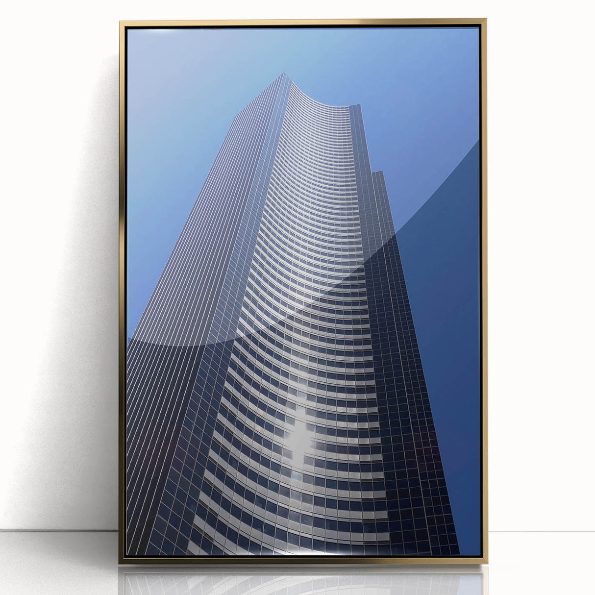 Acrylic print of Seattle skyline in muted gold tones, framed in mid-century modernist style.