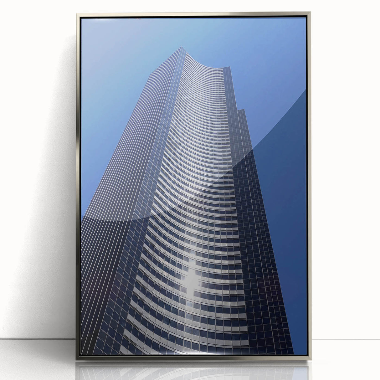 Mid-century modernist art depicting Seattle skyline in muted gray and blue tones, framed acrylic print.