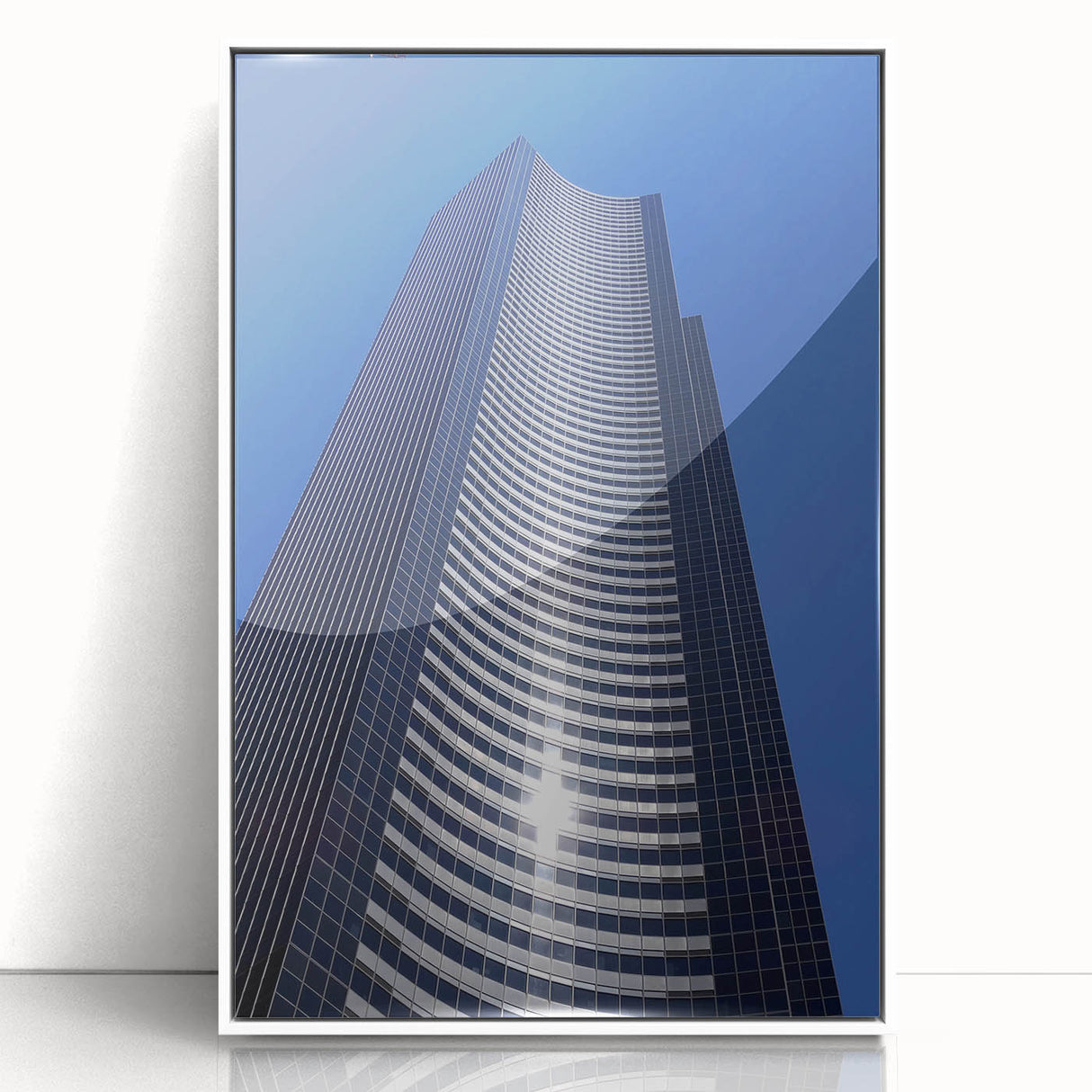 Acrylic print of Seattle skyline in art deco style with muted gray and blue tones, ideal for modern nursery wall art.