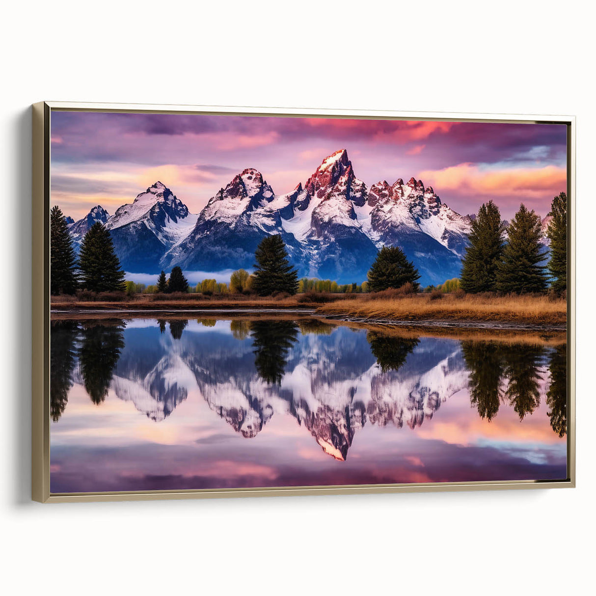 Framed canvas of vintage-style Grand Tetons landscape, in muted gold and black tones, ideal for bedroom wall art.