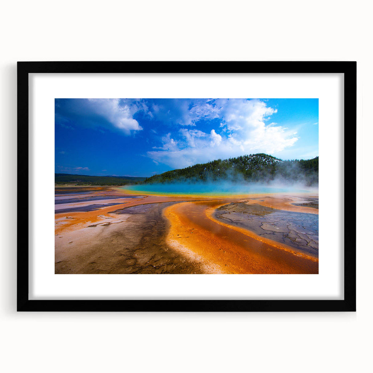 Colorful abstract art print of Yellowstone scenery on a large textured canvas, framed in black, ideal for living room decor.
