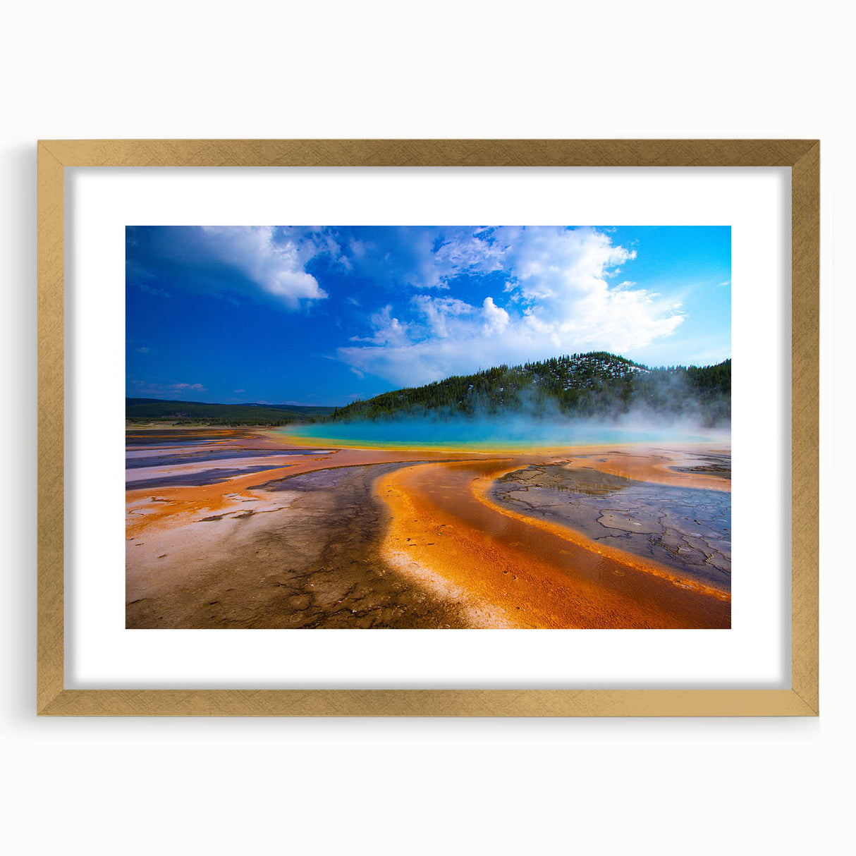 Extra large abstract art print of Yellowstone scenery in textured gold frame, ideal for living room decor.