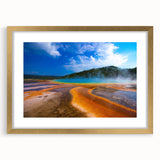 Extra large abstract art print of Yellowstone scenery in textured gold frame, ideal for living room decor.