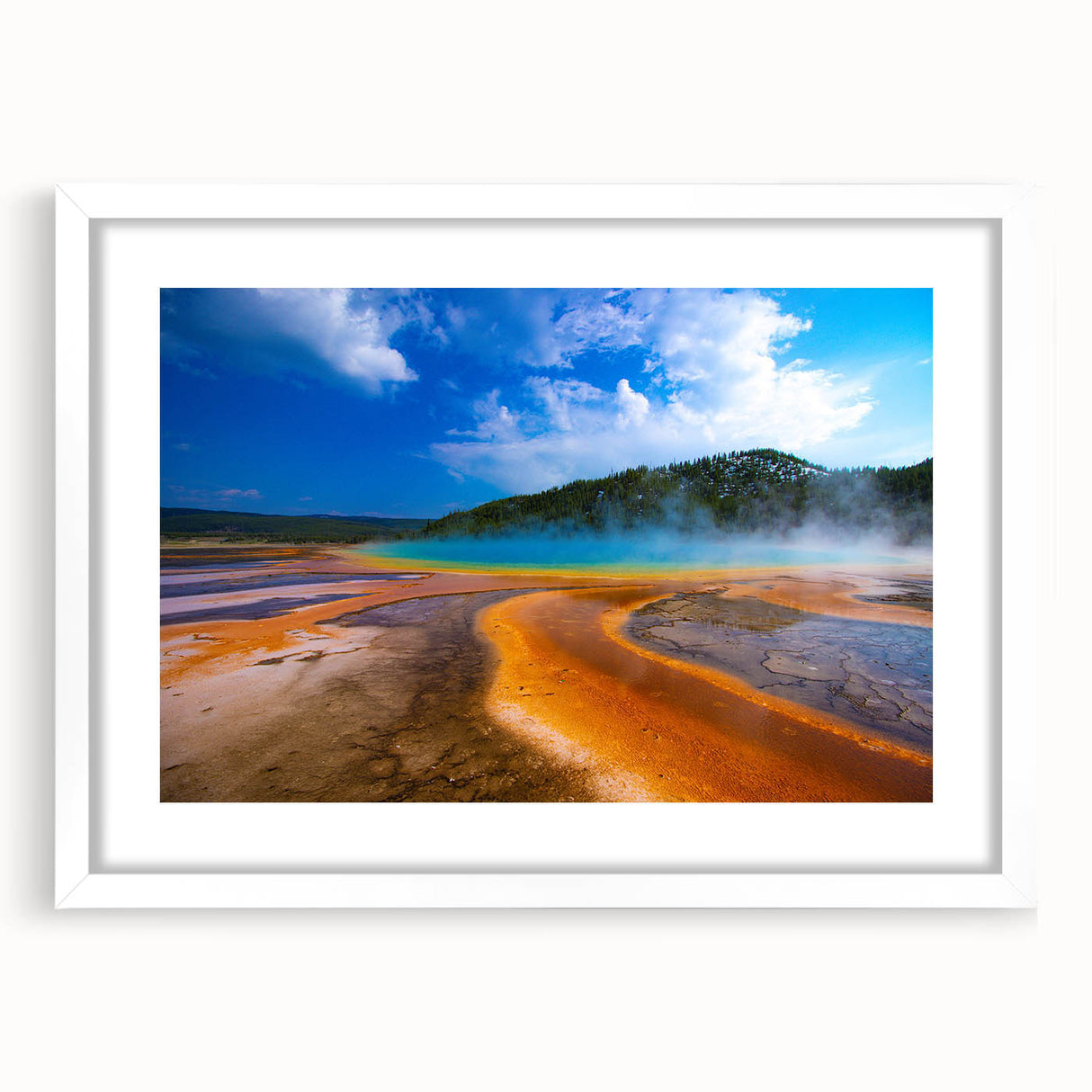 Abstract art print of Yellowstone scenery in muted earth tones on a framed canvas, ideal for dining room decor.