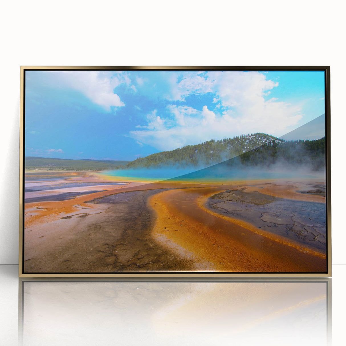 Large art print of Yellowstone scenery in mid-century modernist style, framed in acrylic with gold accents.