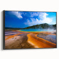 Black and white framed canvas of Yellowstone landscape, ideal for bedroom wall art.