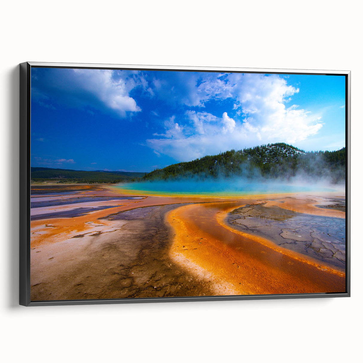 Black and white framed canvas of Yellowstone landscape, ideal for bedroom wall art.