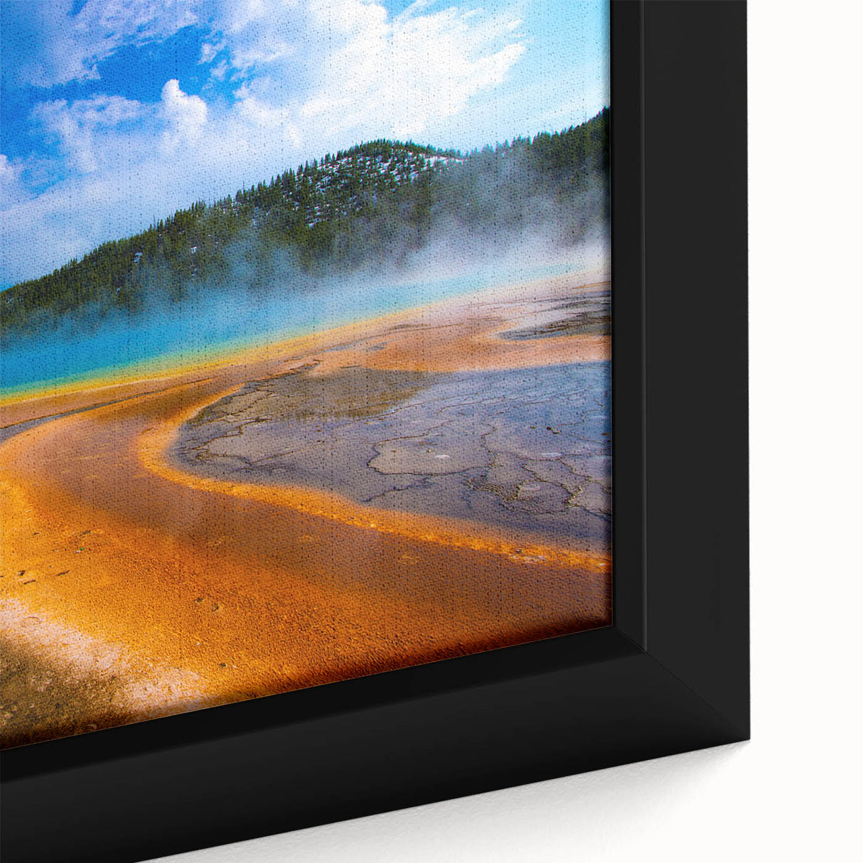 Framed canvas depicting a textured black wall art scene of Yellowstone, with vibrant, colorful accents.