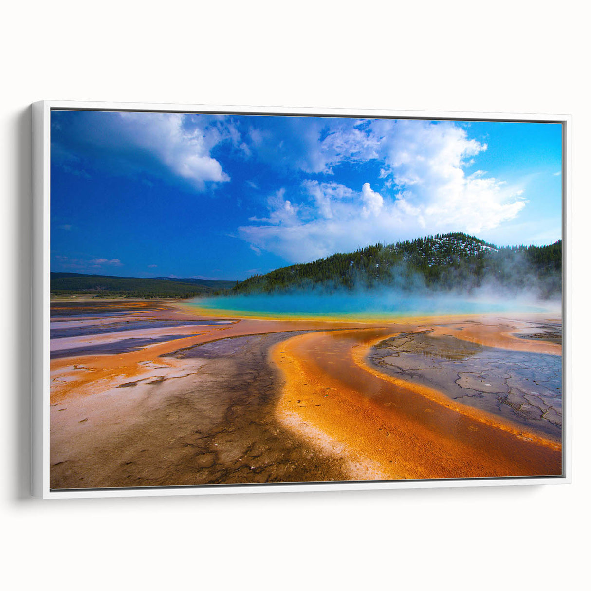 Vintage poster art of Yellowstone scenery on a framed canvas, featuring colorful art with black accents.