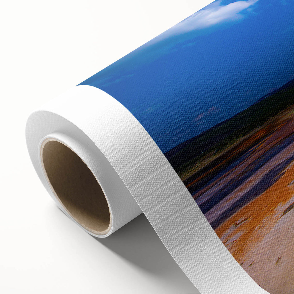 Art Deco style poster of Yellowstone scenery on rolled canvas, featuring muted earth tones, ideal for nursery wall art.