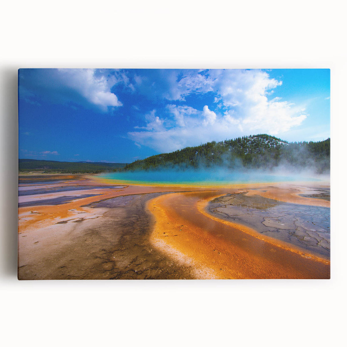 Black and white photograph of Yellowstone National Park on stretched canvas, ideal for kitchen wall art.