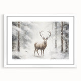 Abstract art print depicting a winter scene in muted blue and white tones on a framed white mat, ideal for dining room decor.