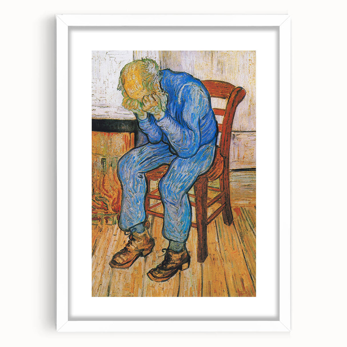 Textured abstract art print in soft blue and cream hues on a framed canvas, ideal for bedroom art.