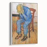 Vintage poster art of Van Gogh's painting on a framed canvas, featuring colorful art on a black background.