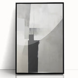 Framed abstract minimalist wall art featuring a sleek black design, displayed from a front view, ideal for modern home decor and artistic enhancement.