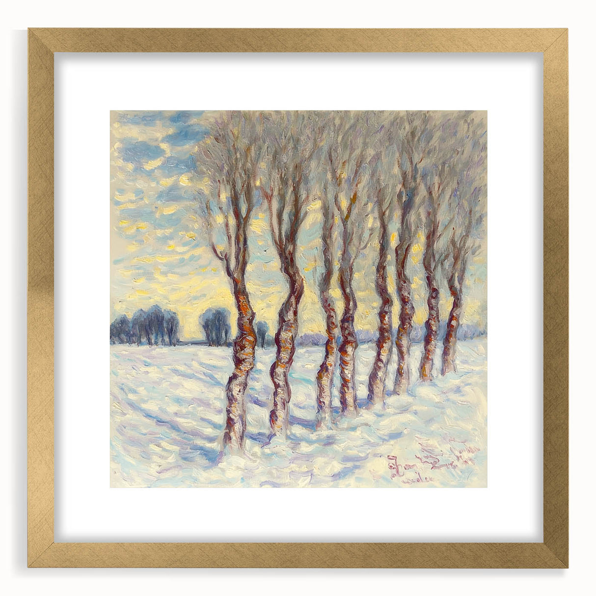 Elegant gold-framed abstract floral artwork with a matte finish, showcasing vibrant colors and intricate details, perfect for modern home decor.