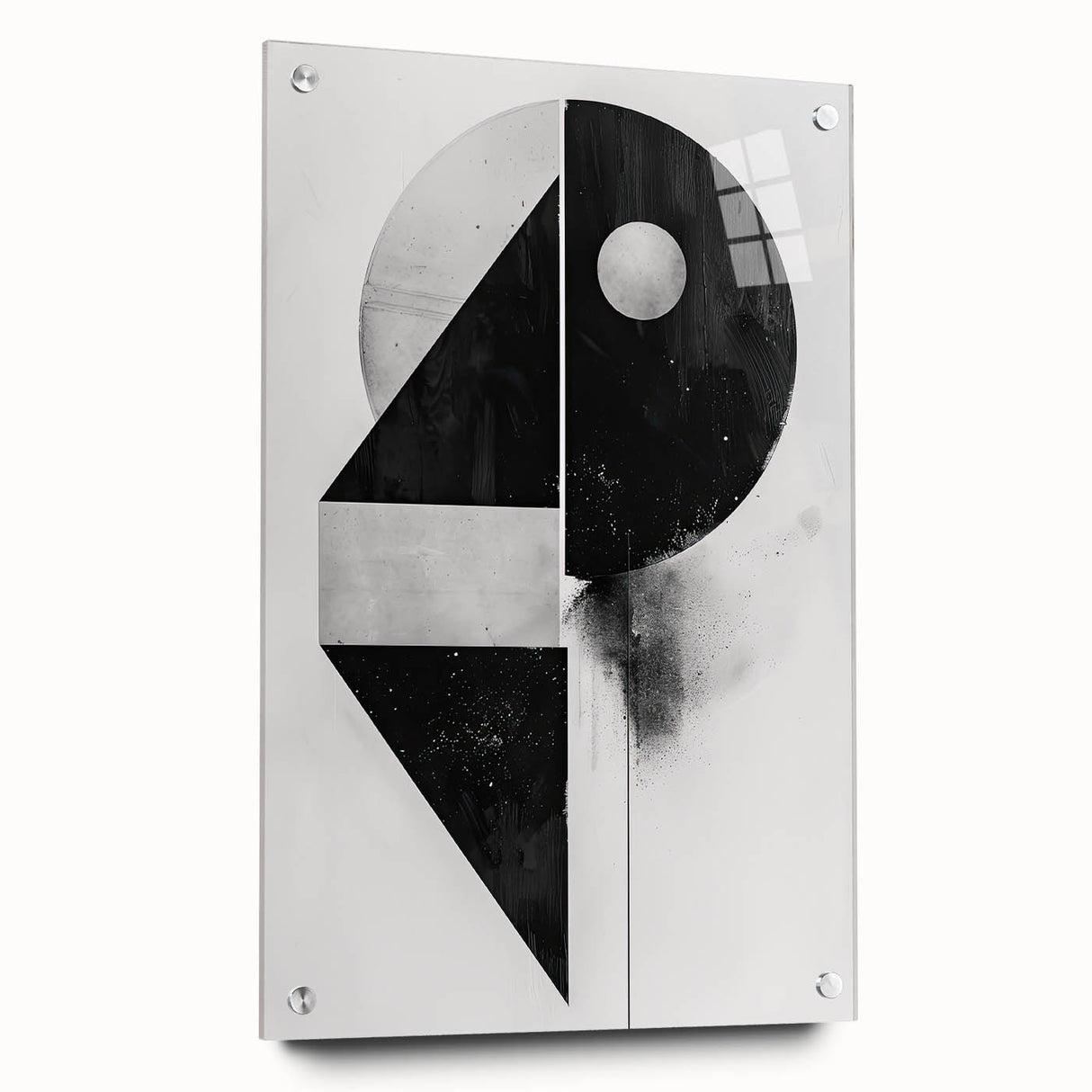 Abstract minimalist wall art piece displayed in a side view, featuring acrylic glass and visible pins, showcasing modern design elements ideal for contemporary decor.