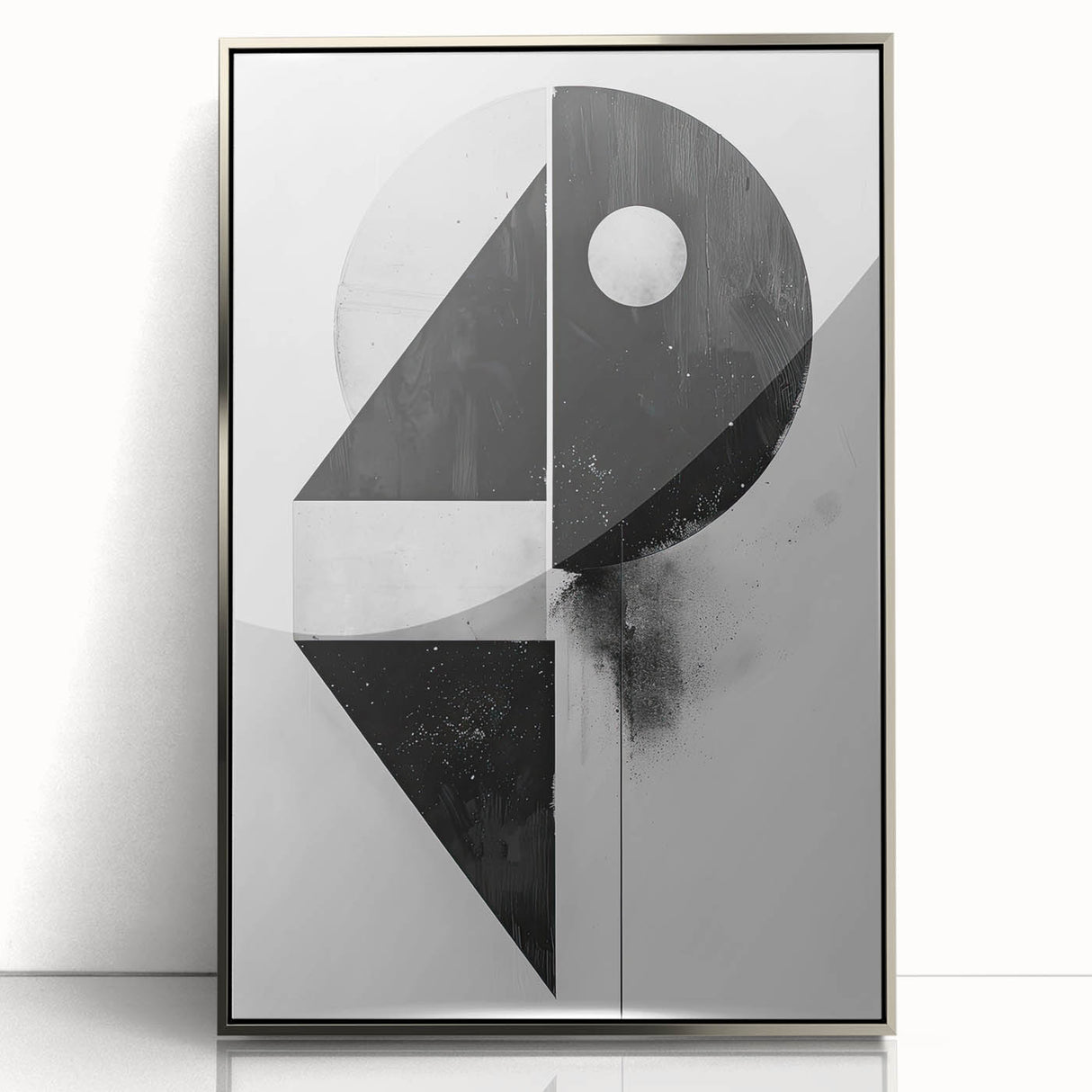 Framed minimalist wall art featuring an abstract design in silver tones, showcasing a sleek acrylic front with a contemporary aesthetic, ideal for modern decor.
