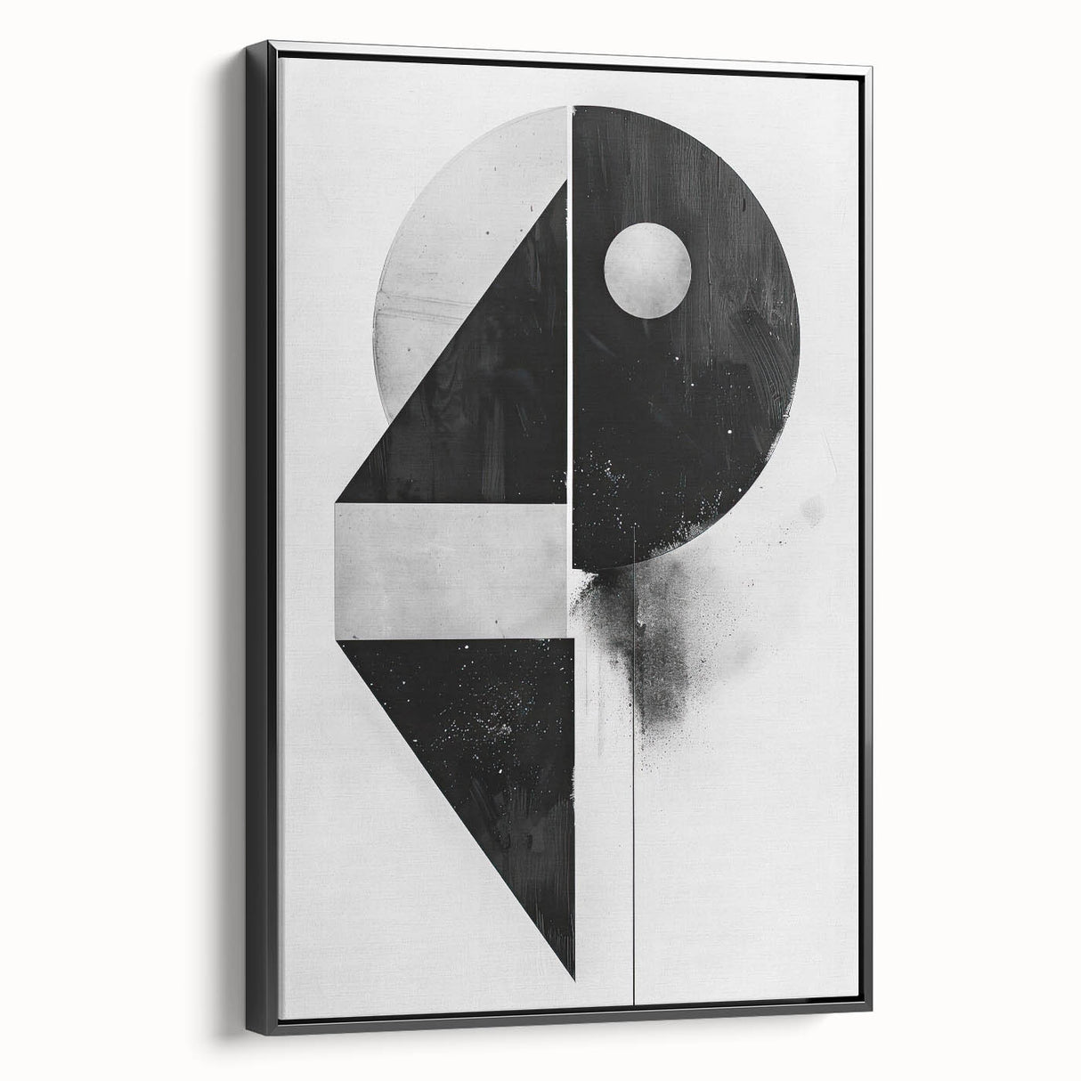 Framed minimalist wall art featuring an abstract black design on canvas, showcased from the side to highlight its sleek profile and modern aesthetic. Perfect for contemporary home decor.