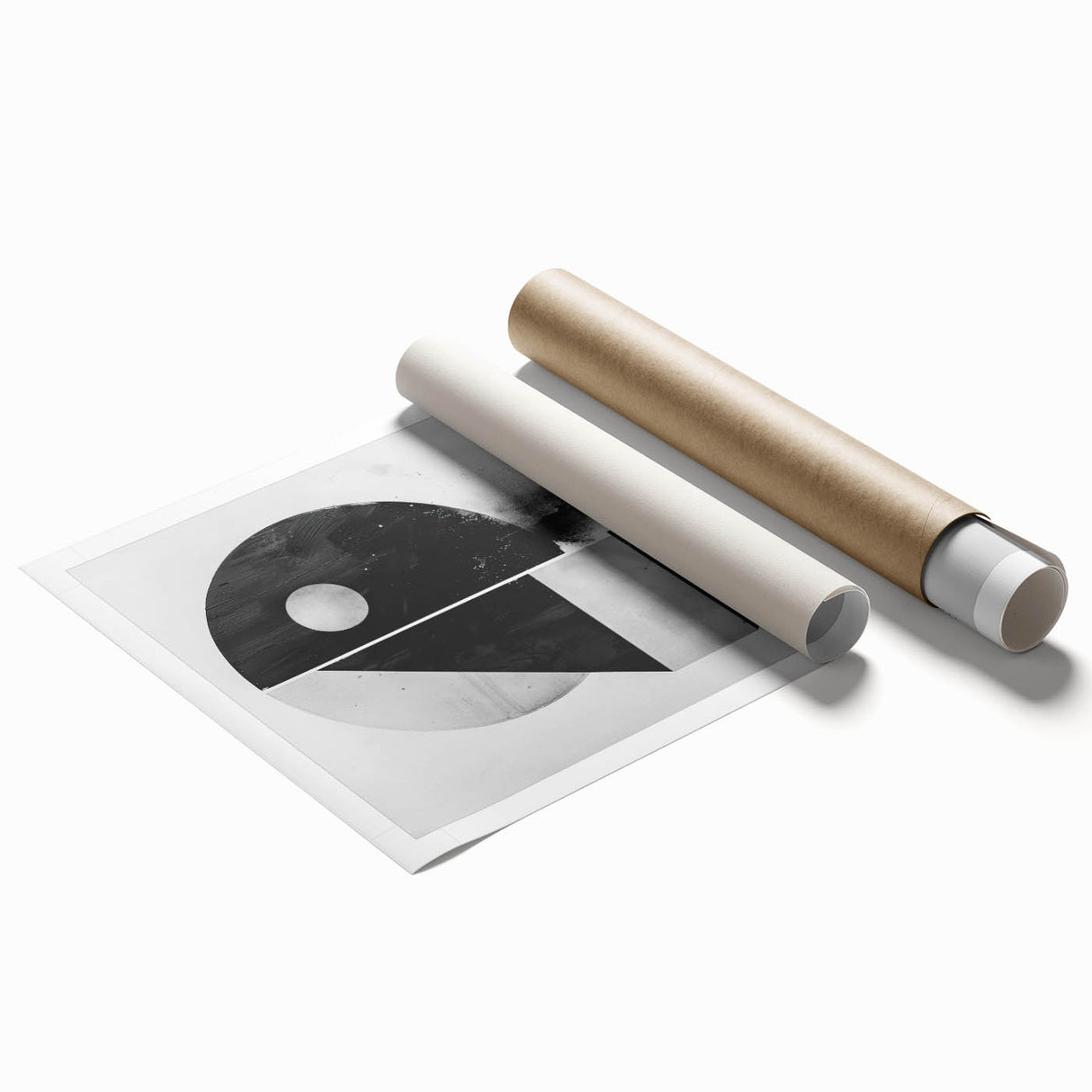 Abstract minimalist wall art print showcasing soft pastel colors and geometric shapes, rolled and secured in a protective cardboard tube for shipping.