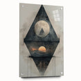 Abstract minimalist wall art displayed in an acrylic frame, showcasing a modern design with a side view that highlights its sleek pins and glass finish.
