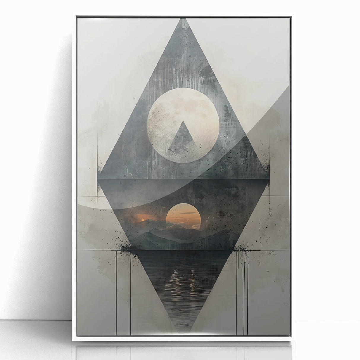 Framed abstract minimalist wall art design with a white acrylic front, showcasing soft color gradients and geometric shapes, perfect for modern home decor.
