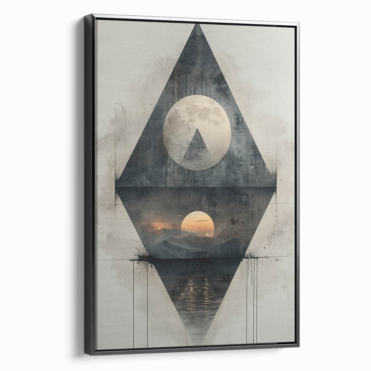 Framed abstract minimalist wall art in black, showcasing sleek lines and geometric shapes, displayed in a modern interior setting. Ideal for contemporary decor.