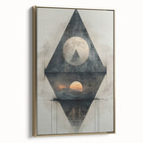 Framed minimalist wall art showcasing an abstract design with gold accents, elegantly displayed in a side view to highlight its sleek profile and texture.
