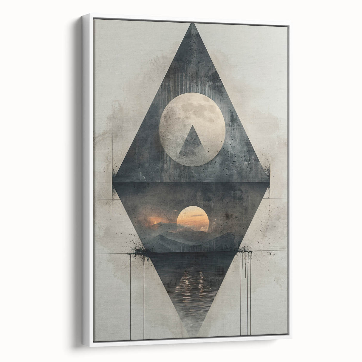 Framed abstract minimalist wall art in a white canvas featuring soft, flowing shapes and neutral tones, displayed in a side view against a light background. Ideal for modern decor.
