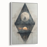 Framed abstract minimalist wall art in a white canvas featuring soft, flowing shapes and neutral tones, displayed in a side view against a light background. Ideal for modern decor.