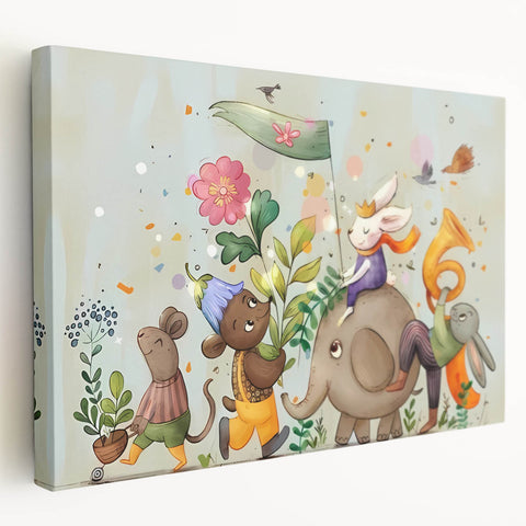 Whimsical Animal Parade Girls Room Wall Art - Playful Nursery Print