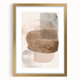Abstract minimalist wall art framed in gold, showcasing soft pastel colors and geometric shapes, perfect for modern home decor. The mat adds elegance, enhancing the overall aesthetic appeal.