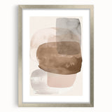Abstract minimalist wall art framed in silver with a mat, showcasing geometric shapes in soft tones, ideal for modern home decor and gallery walls.