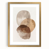 Minimalist abstract wall art framed in gold with a white mat, showcasing geometric shapes and soft color tones, perfect for modern home decor.