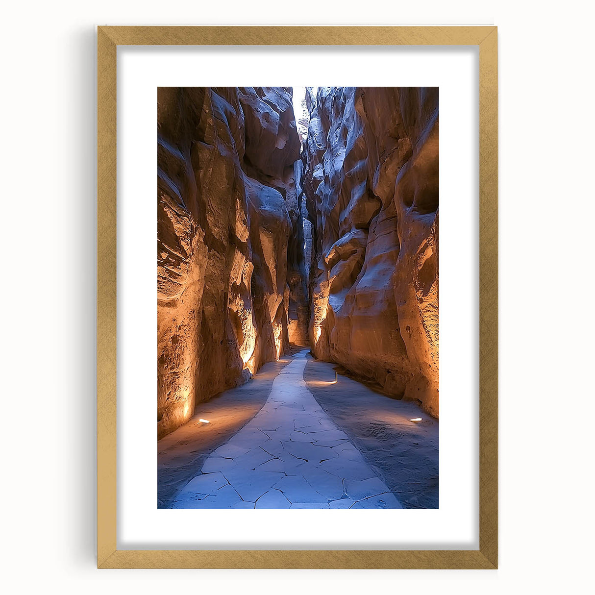Elegant gold-framed landscape artwork featuring intricate cave designs and a stylish mat, perfect for home decor, adding sophistication and charm to any room.