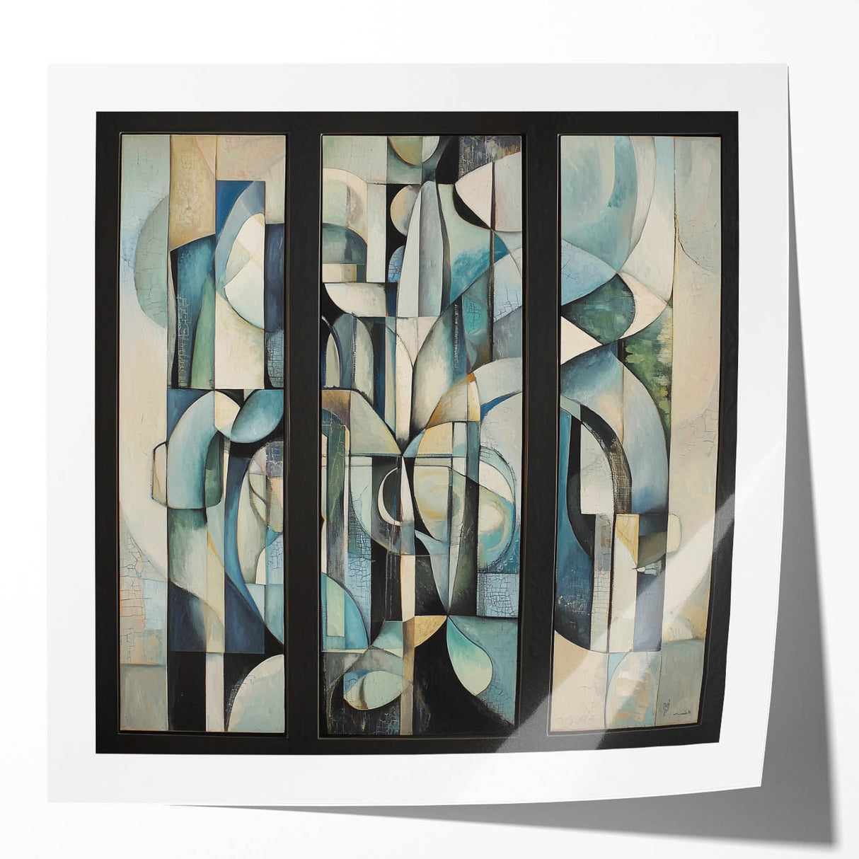 Abstract geometric photo print mockup set showcasing vibrant colors and sharp lines, displayed in a sleek, glossy finish on a minimalist backdrop. Ideal for modern decor and artistic presentations.