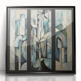Abstract geometric wall art design in a sleek black frame, showcasing vibrant shapes and colors on a clear acrylic surface, ideal for modern interior decor.