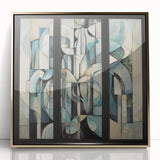 Abstract geometric framed acrylic art piece in gold tones, showcasing a modern design with sharp angles and soft curves, perfect for contemporary decor.
