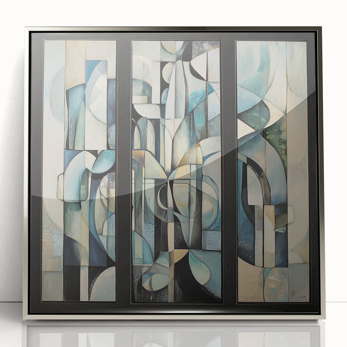 Abstract geometric framed acrylic artwork in silver, showcasing intricate shapes and patterns, perfect for modern home decor. This piece adds a sleek, contemporary touch to any living space, enhancing visual interest and style.