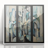 Abstract geometric framed acrylic artwork in white, showcasing dynamic shapes and vibrant colors, perfect for modern home decor and artistic enhancement.