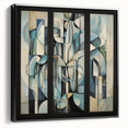 Framed abstract geometric canvas art in black, showcasing a modern design with sharp angles and a sleek profile, ideal for contemporary home decor.