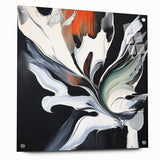 Abstract acrylic glass art piece showcasing vibrant splatters in various colors, displayed from the side with decorative pins, perfect for modern home decor.