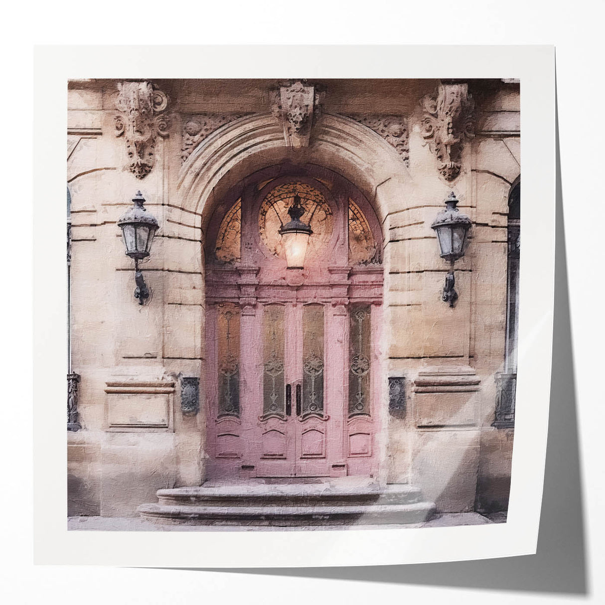 Extra large wall art featuring a French door architecture design in muted browns and whites on glossy photo paper.
