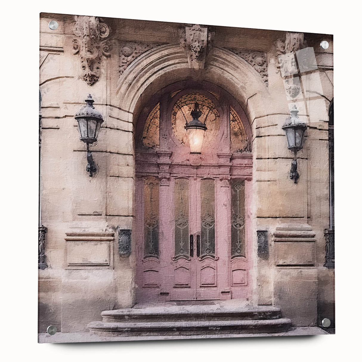 Acrylic print of a large abstract door design in muted earth tones, ideal for dining room decor.