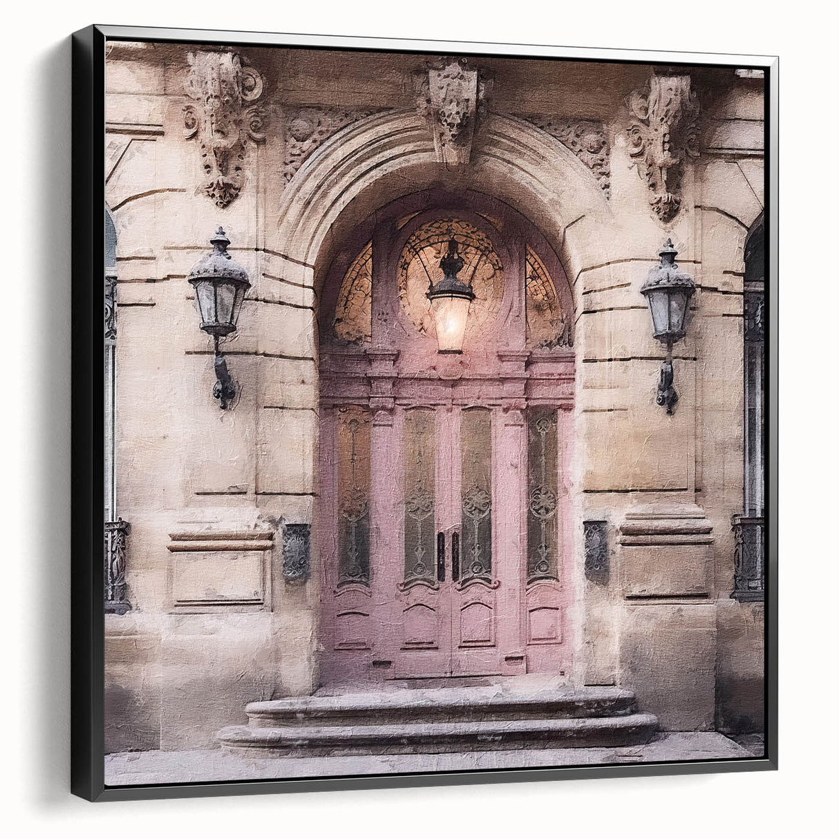 Black and white framed canvas of a vintage French door design, ideal for bedroom wall art.