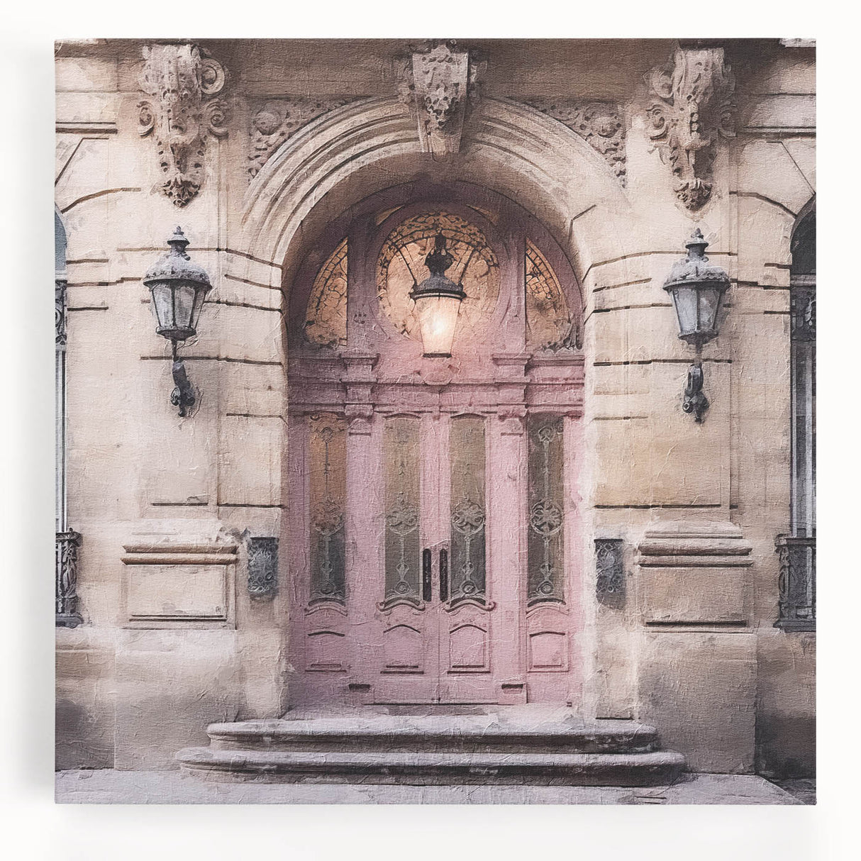 Black and white photo of a French door architecture on stretched canvas, suitable as large kitchen wall art.